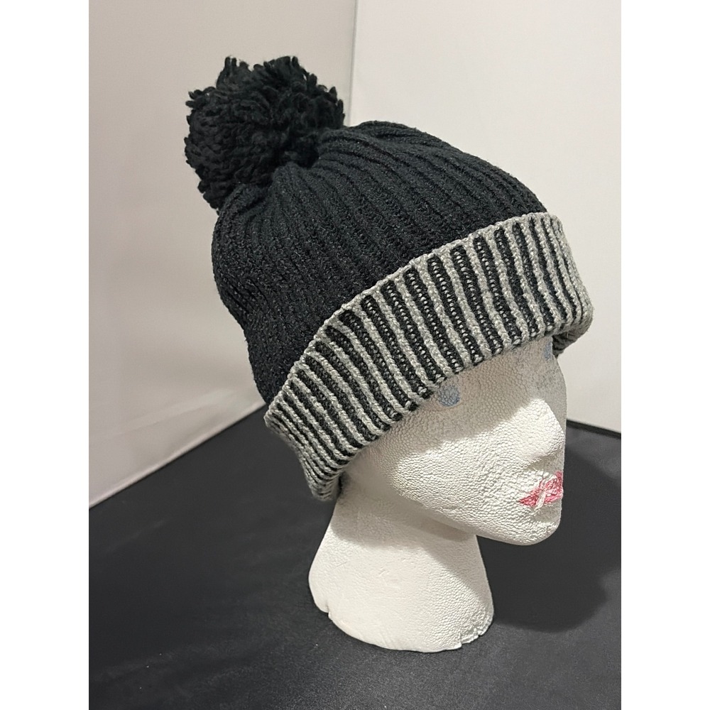 Black and Grey Ribbed Knit Beanie with Pom Pom One Size OSFM